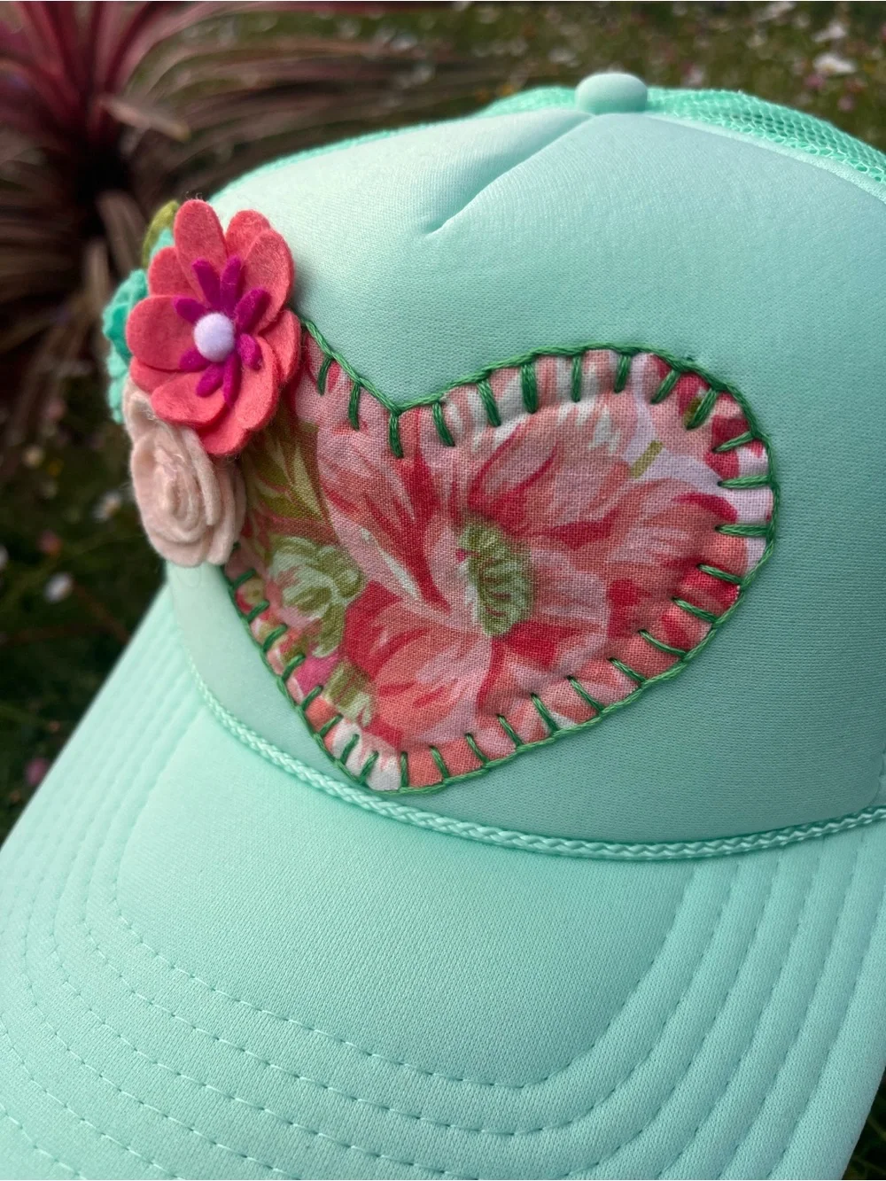 Mint Green Trucker with floral embellishments & vintage fabric heart patch